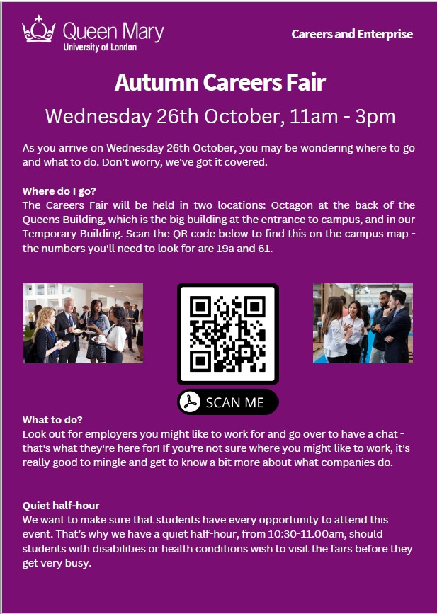 A student flier for the Autumn Careers Fair in person and on campus.