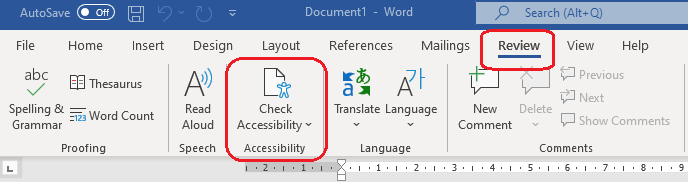 MS Word screen shot of accessibility menu
