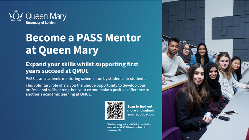 Be a QM PASS mentor recruitment poster with application QR code
