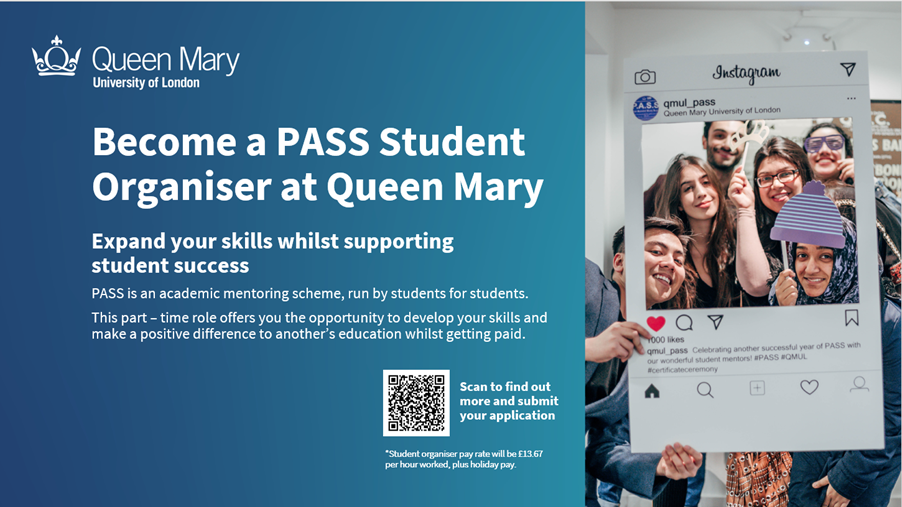 PASS Student organiser recruitment poster with application QR code embedded.