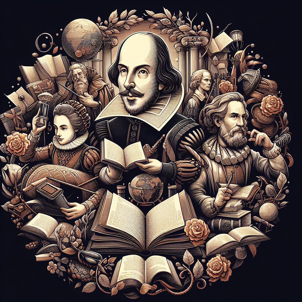 Shakespeare and his works and times depicted as a collage of suitable images