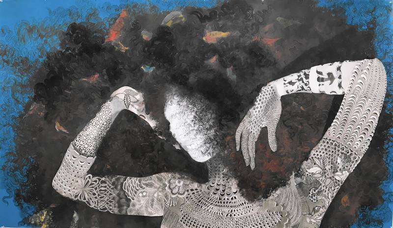 "Vessels of Genealogies," a show by Firelei Baez, displays obsessively intricate drawings of dark women with cascades of living hair, such as the image above.