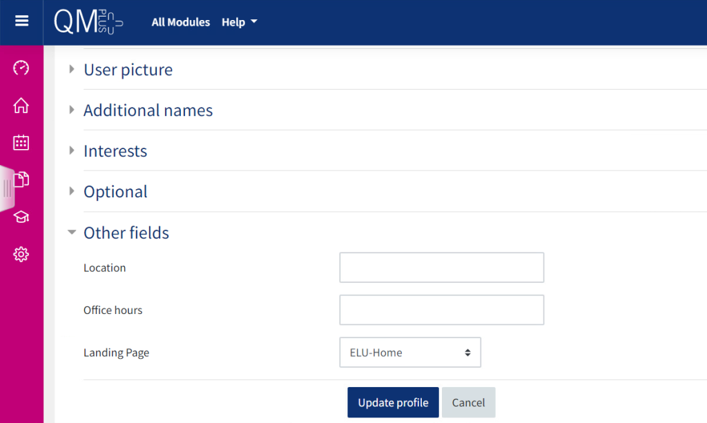 This image shows the expanded options within the 'other fields' drop down subheading.