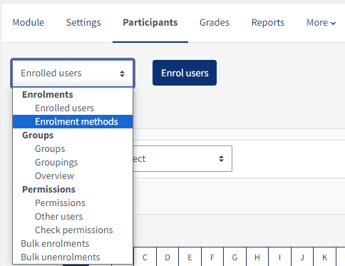 showing enrolment methods option in QMplus