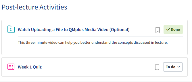 Screenshot of activities on QMplus with completion tracking enabled.
