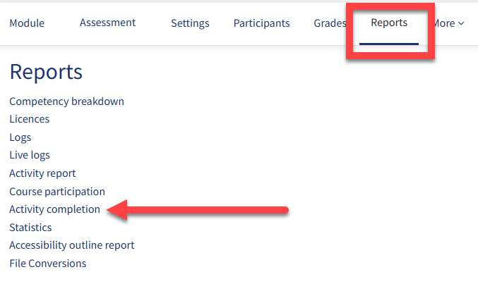 Screenshot of where to find the activity completion report on a QMplus module.