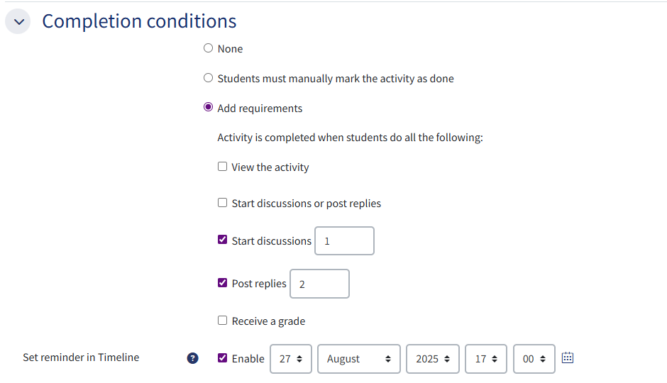 A screenshot showing the completion conditions for the forum activity in QMplus