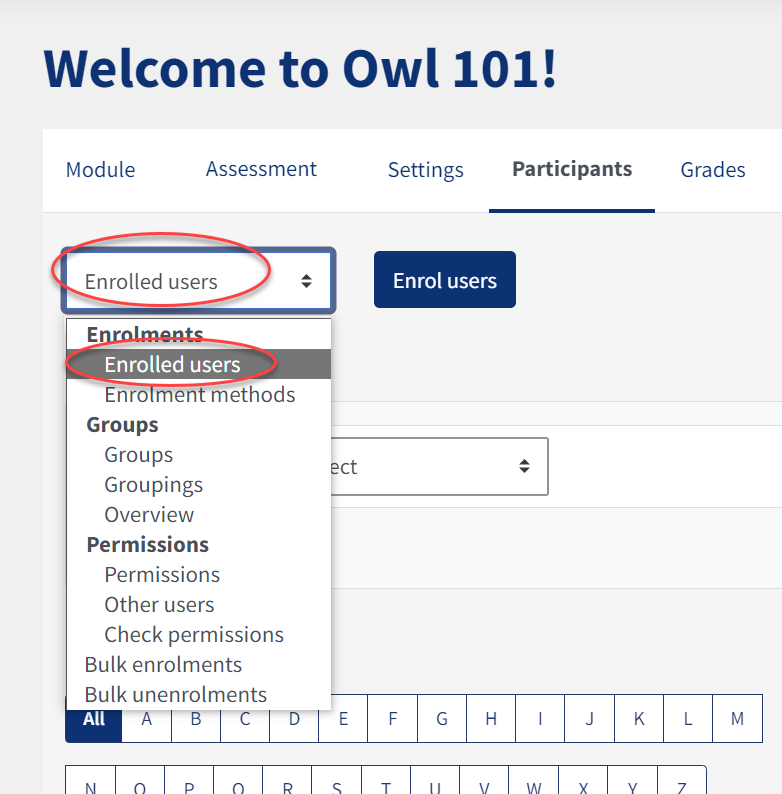 The drop down menu in participants with enrolled in a circle and enrolled users