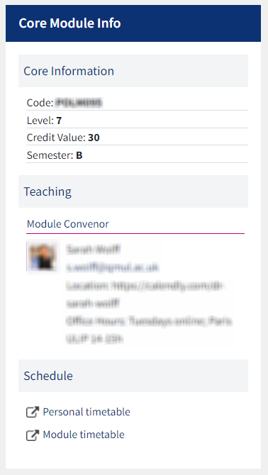A sample Module Information Block, displaying course details such as code, semester, level and the module convenors' details.