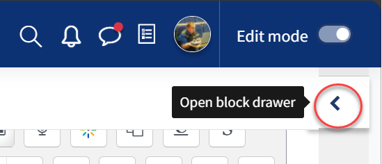 The left facing arrow in a red circle and a text box  which says open block drawer