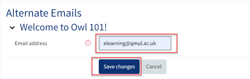 The box to enter an alternate email address is highlighted and save changes too.