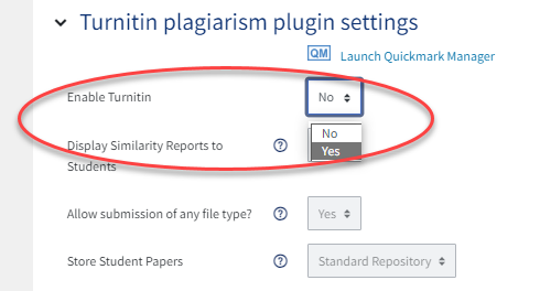 Turnitin settings within a forum with the option to enable Turnitin