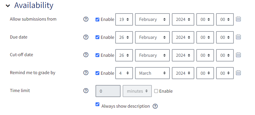 QMplus assignment availability settings screenshot