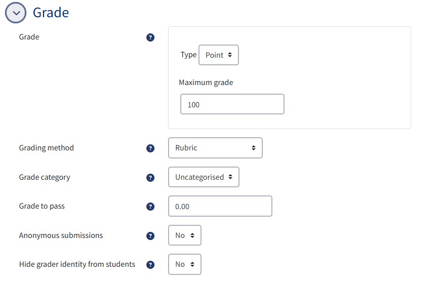 The grade section of settings in a QMplus Assignment