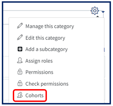 An image of the settings menu with cohort highlighted