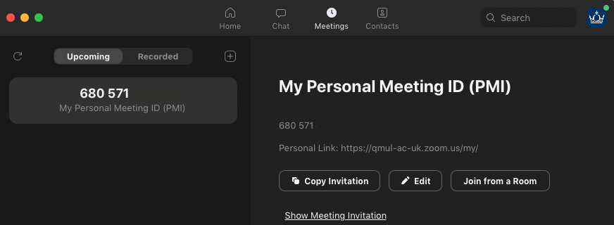 Screenshot showing your personal meeting information.