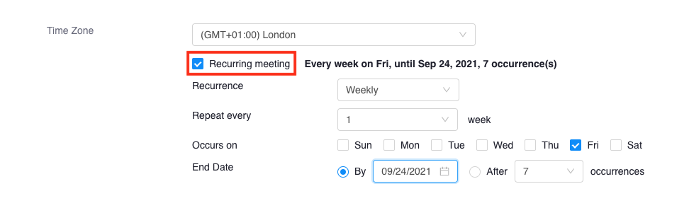 Screenshot showing where to tick option 'recurring meeting'.