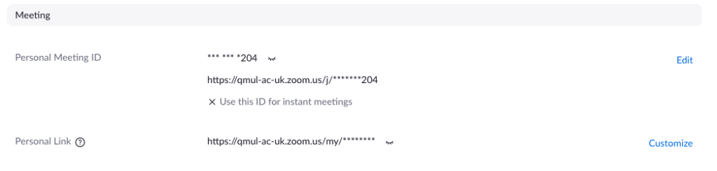 Screenshot showing Personal Meeting ID and link.