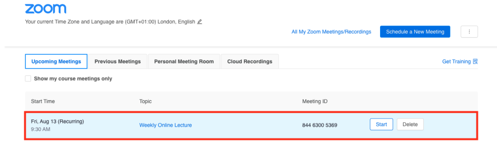 Screenshot showing upcoming meetings in Zoom.