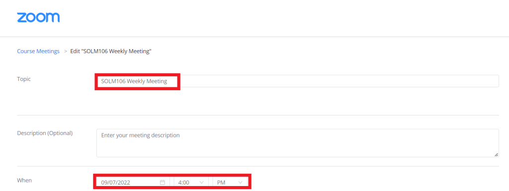 A screenshot showing where to edit topic and schedule of a zoom meeting.