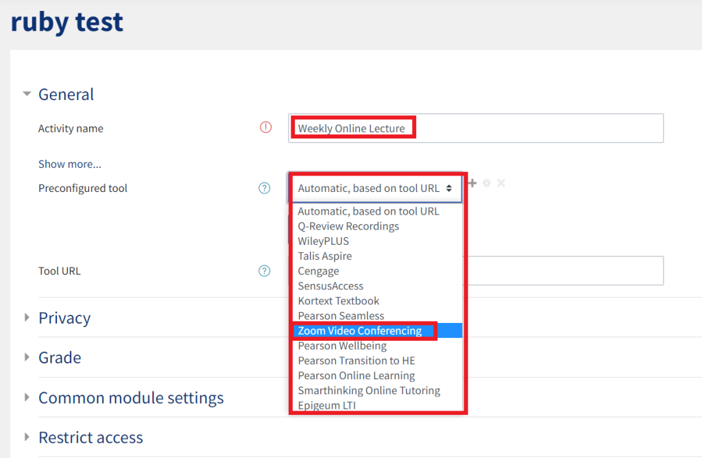 Screenshot showing how to select Zoom under preconfigured tools on QMplus.