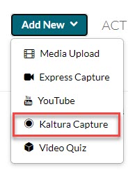 The add new button and Kaltura caption highlighted