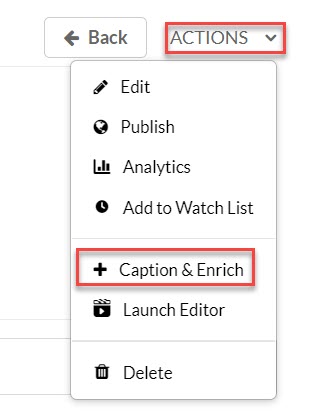 The actions button and caption and enrich are highlighted in a red square