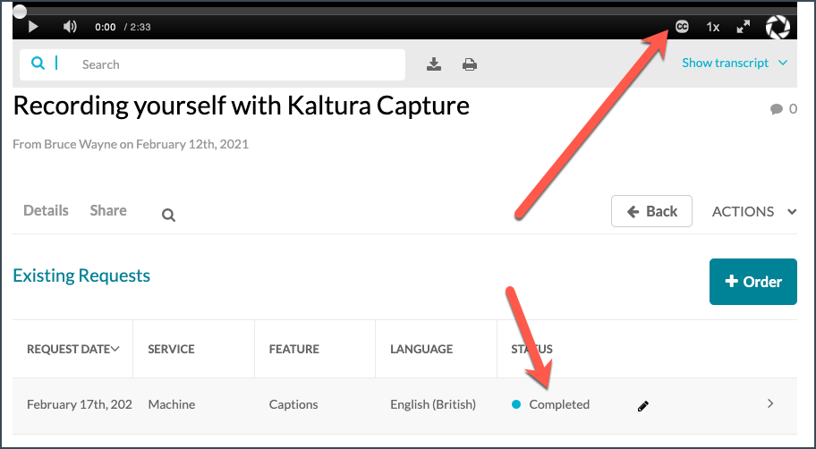 Captions complete indicated by status and closed caption icon in player