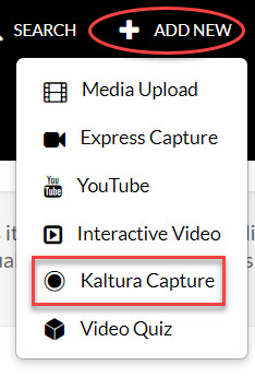 The add new button and Kaltura capture option are in a red circle