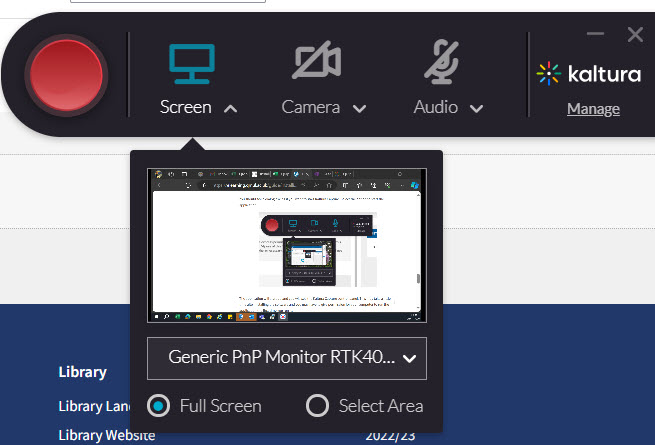 Example of the Kaltura Capture options such as recording, screen, camera and audio.