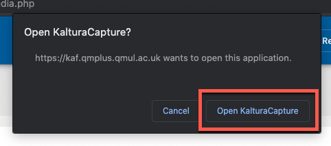 The options to open / start the Kaltura capture