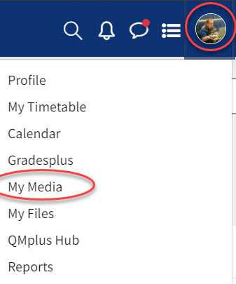 Profile icon with the QMplus Media highlighted