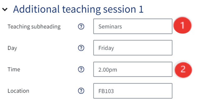 An image of the Additional teaching session section when it has been populated