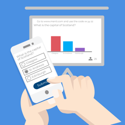 Illustration of a Mentimeter slide with a handheld device interacting with the presentation