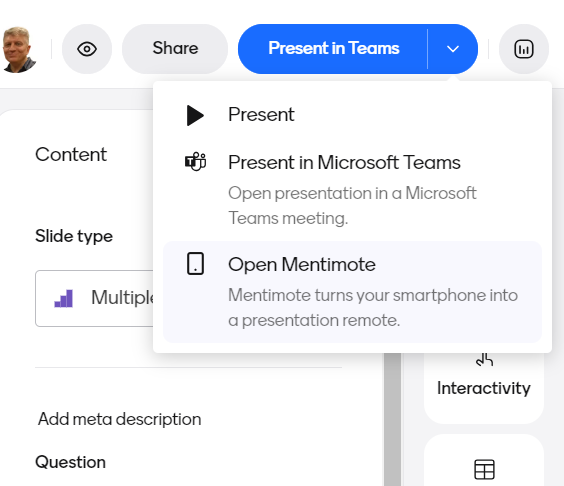 Open Mentimote option from the 'Present' drop-down menu