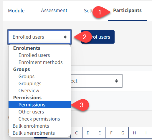 Image of the Participants tab with the permissions option highlighted
