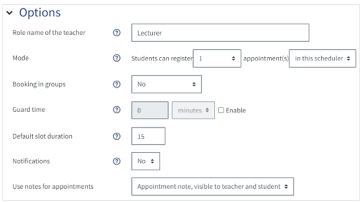 An image of the options box for the scheduler tool