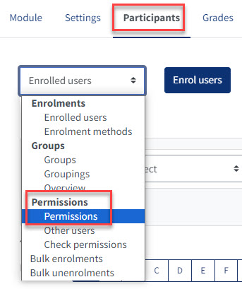 Participants tab in a red box, a drop down box with permissions highlighted in a red box