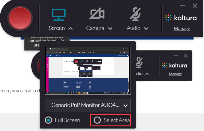 The screen option selected and the select area option chosen