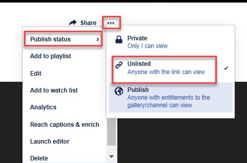The ellipses has been clicked, revealing a drop down menu, publish status was also selected with a pop out box for unlisted.