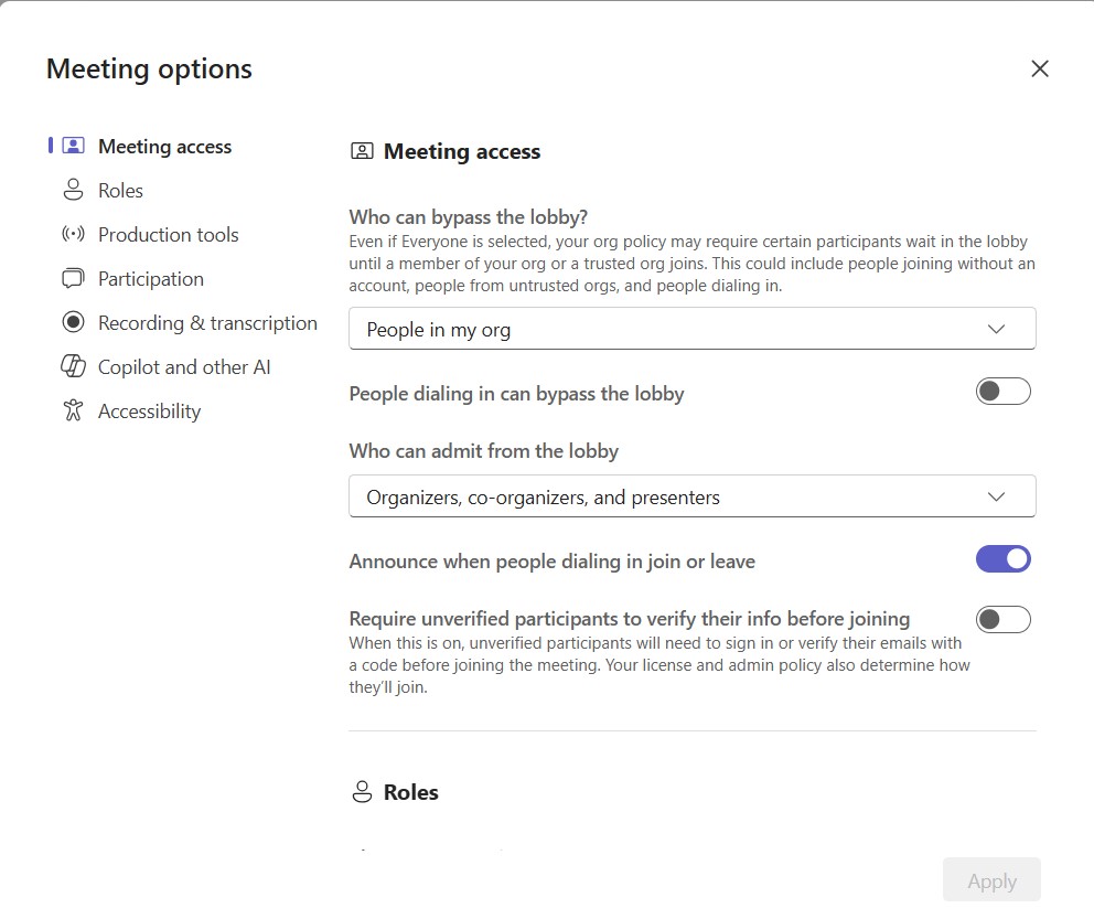Image showing the Meeting options window.