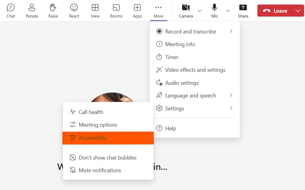 Image showing where to select the Accessibility options. The word Accessibility is highlighted in red.
