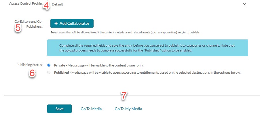 Access control, add collaborator and publishing status options as well as the button to go to My Media is highlighted.