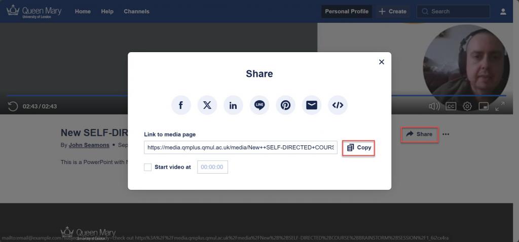 The Share button including the button and options