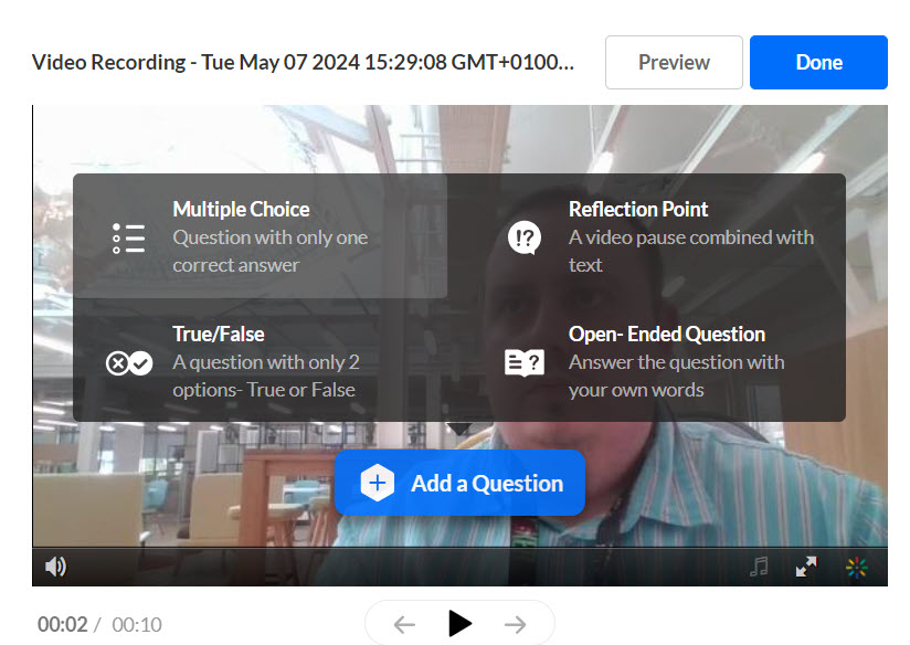 Four question type options on the screen multiple choice, reflection point, True/False and Open-Ended Question.