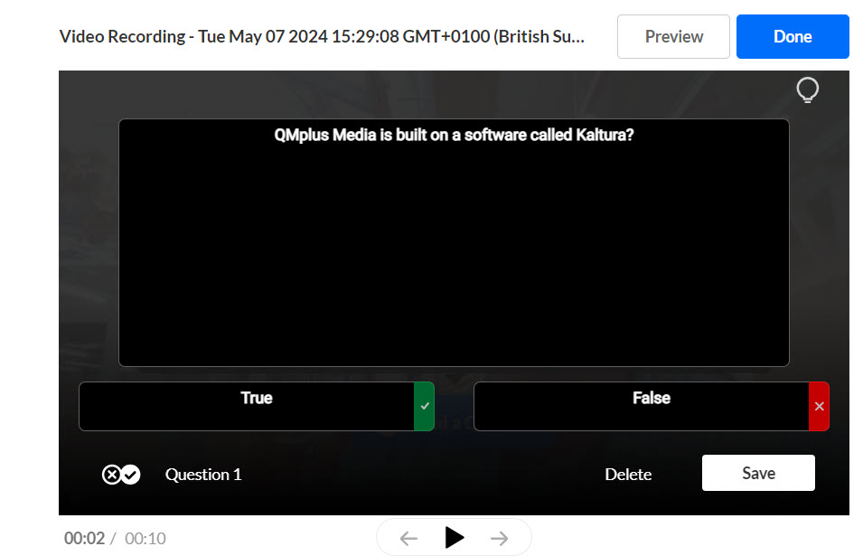 True and false question example with true option ticked to indicate it is correct