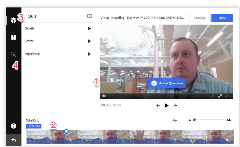 Within the editor you can see a preview screen, timeline, quiz icon and you can select hotspots