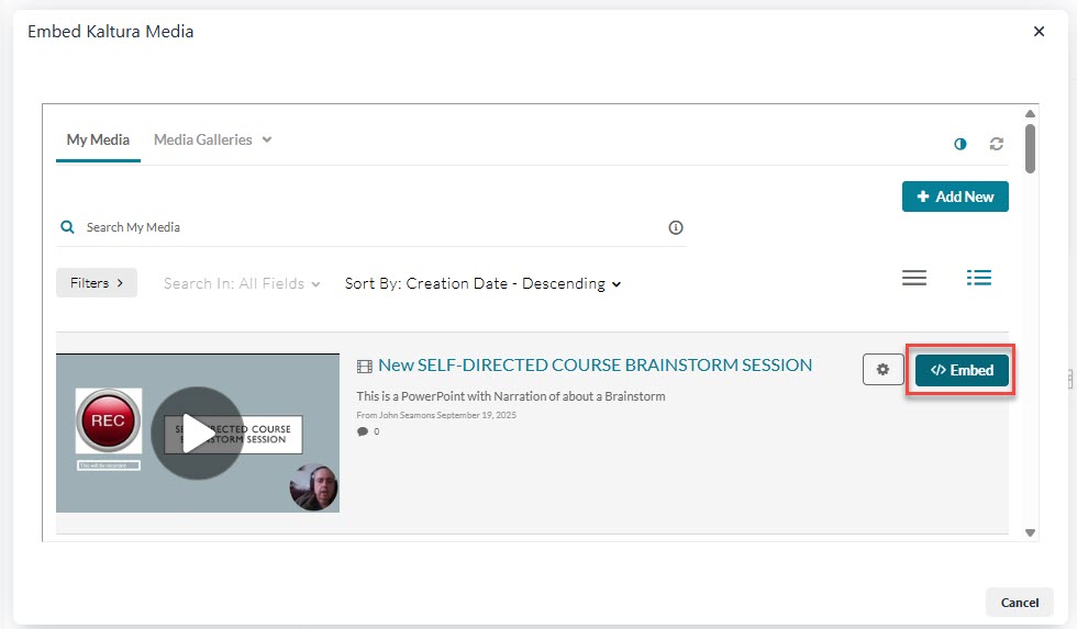 Embed button for the video in media library