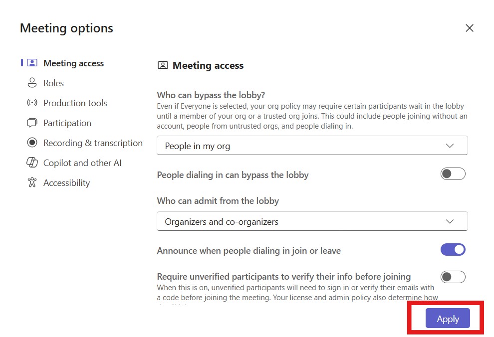 Image of the Meeting options window. The Apply button has a red border around it.