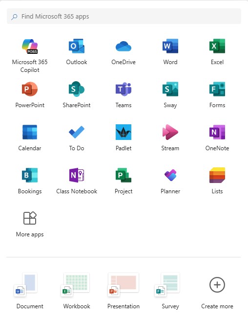 Image of the Apps window in Outlook web mail